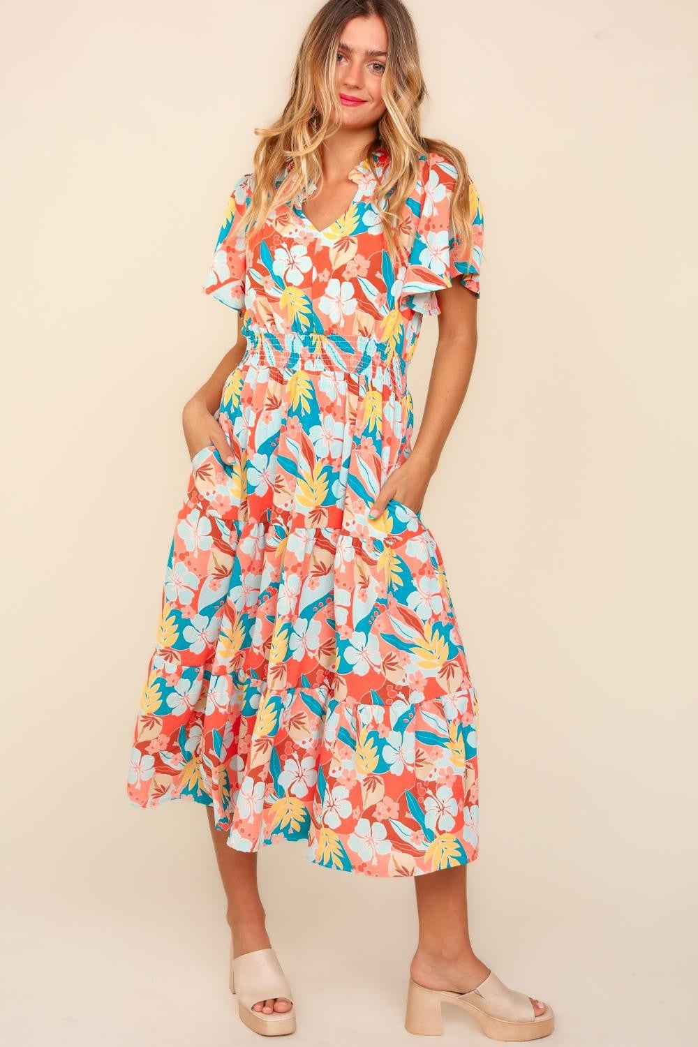 Tropical Floral Tiered Dress with Side Pockets