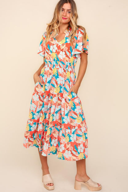 Tropical Floral Tiered Dress with Side Pockets