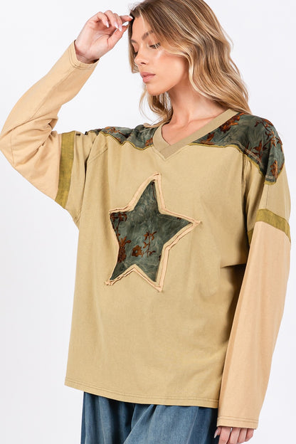 Star Patch Long Sleeve Color Block T-Shirt