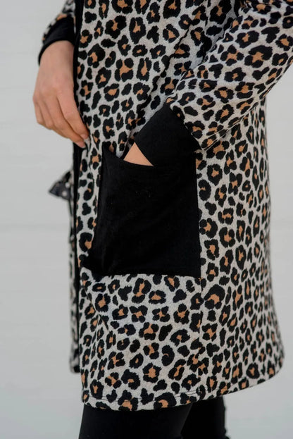 Pocketed Leopard Open Front Cover Up