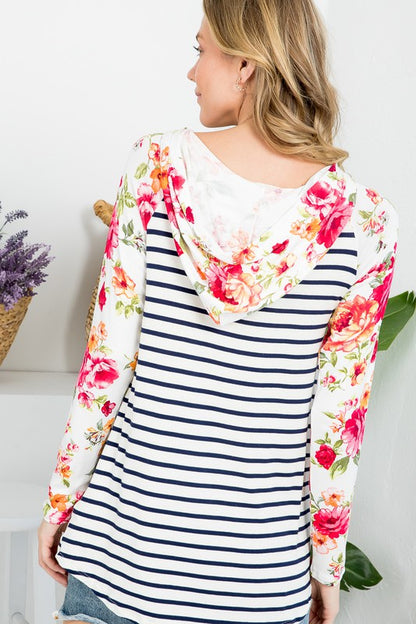 FLORAL STRIPE MIXED SWEATSHIRT TOP