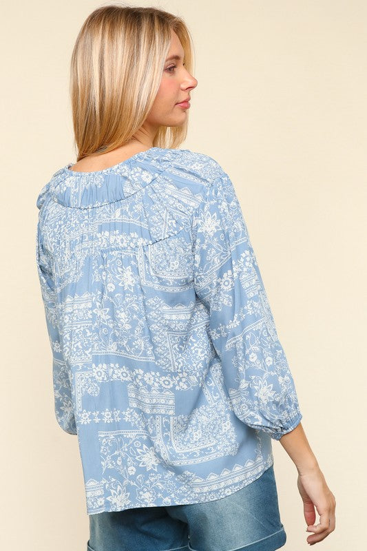 Haptics Printed Notched Balloon Sleeve Blouse