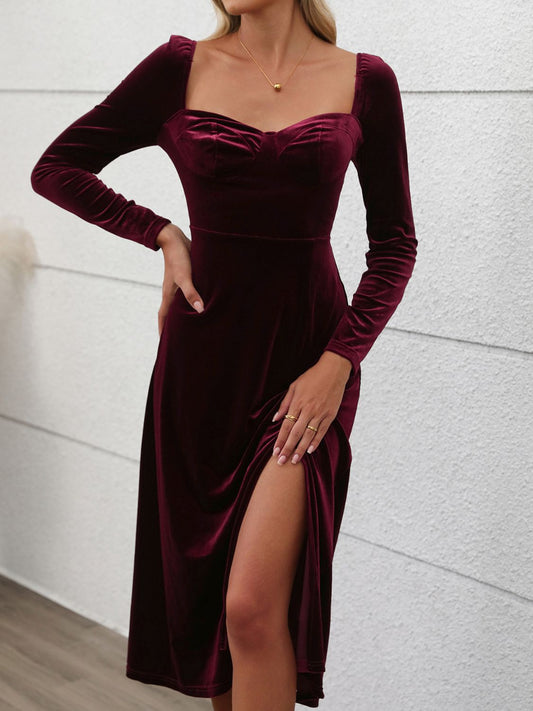 Sweetheart Neck Long Sleeve Midi Dress