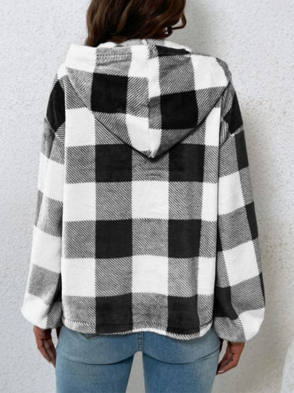 Plaid Half Button Long Sleeve Hoodie