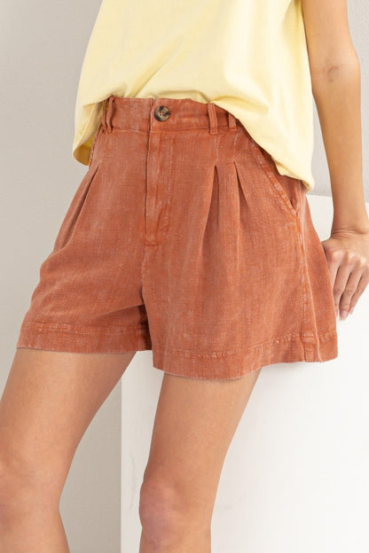 High Waist Pleated Linen Shorts