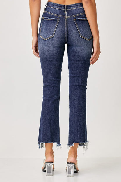 Risen Frayed Hem Cropped Straight Jeans