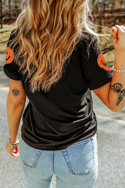 Glitter Jack-O'-Lantern Round Neck Short Sleeve T-Shirt