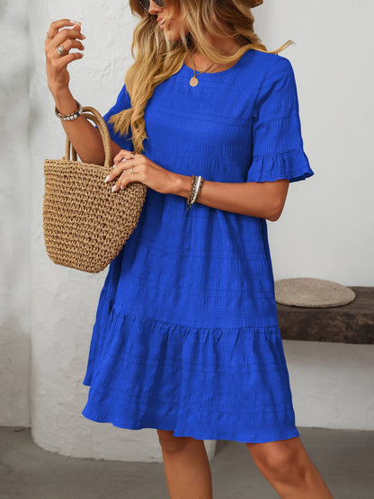 Ruffled Ruched Round Neck Half Sleeve Dress