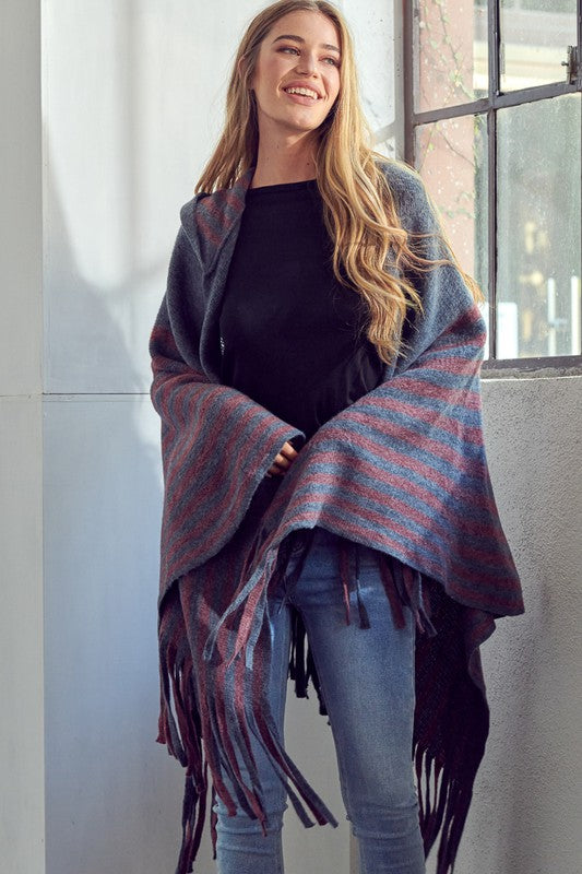 STRIPE PATTERN HOODED PONCHO