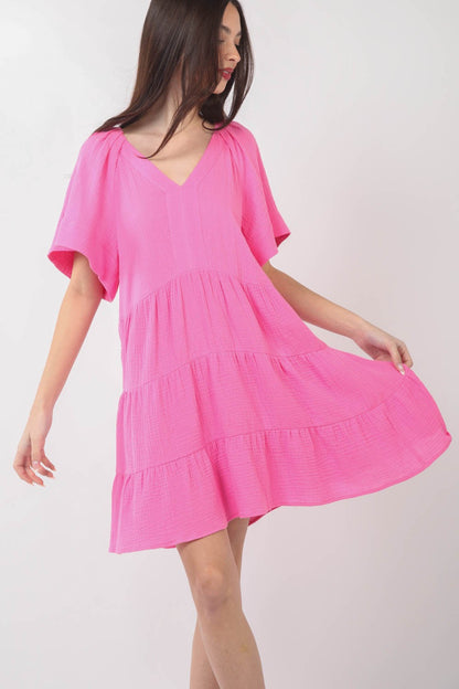 Texture V-Neck Ruffled Tiered Dress