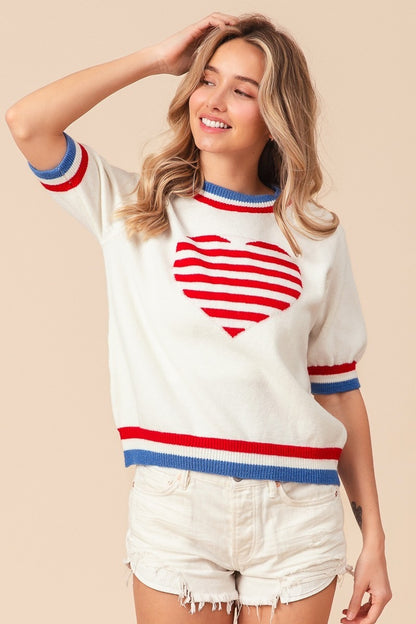 US Flag Theme Striped Heart Sweater