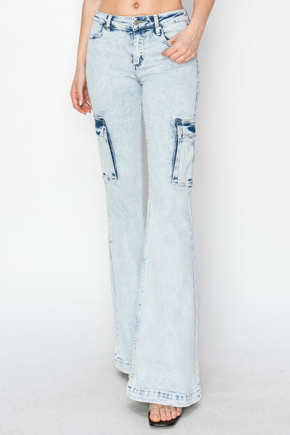 RISEN High Rise Cargo Flare Jeans