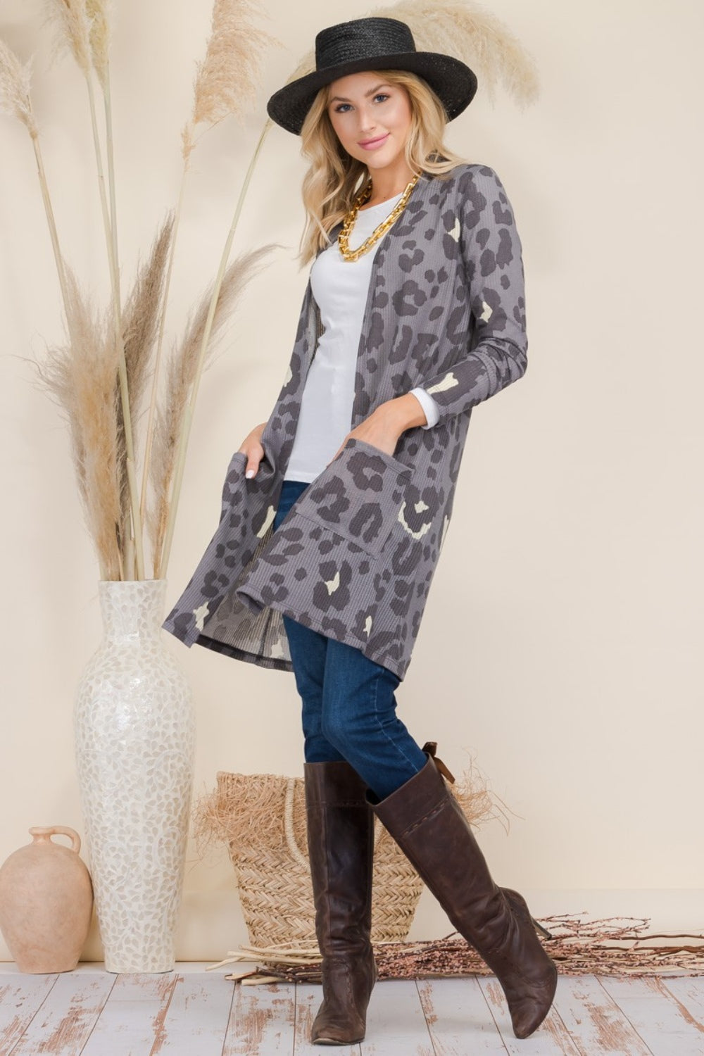 Leopard Open Front Contrast Cardigan