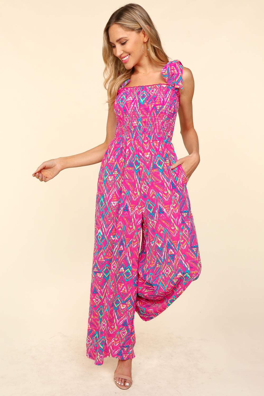 Printed Smocked Sleeveless Jumpsuit