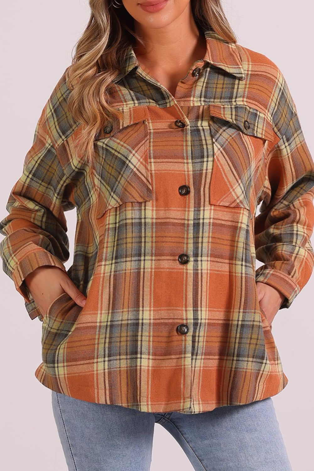 Plaid Collared Neck Long Sleeve Shirt with Chest Pockets