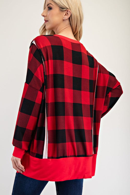 Celeste High-Low Plaid Round Neck Sweatshirt