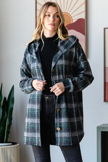 Plaid Button Down Long Sleeve Hooded Cardigan