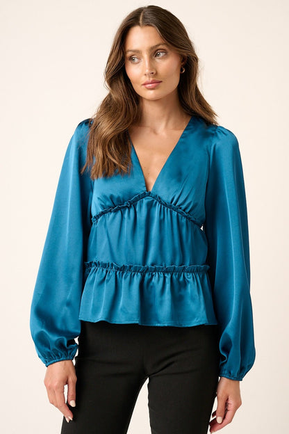 Satin V Neck Ruffled Tier Blouse