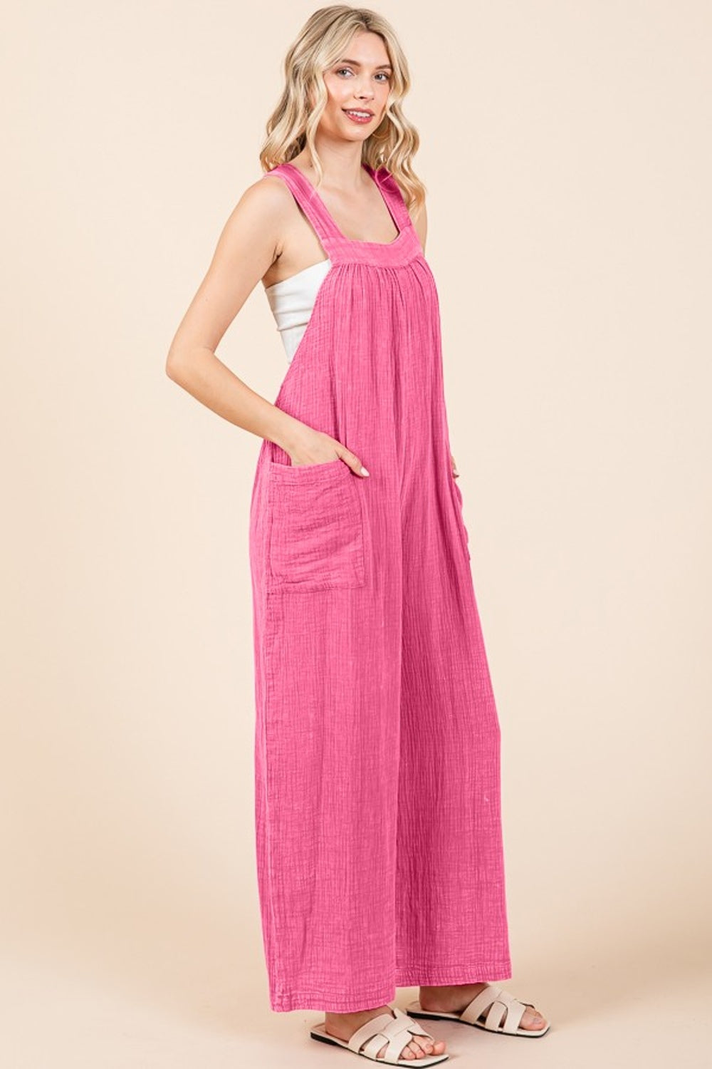 Pocketed Sleeveless Wide Leg Overalls