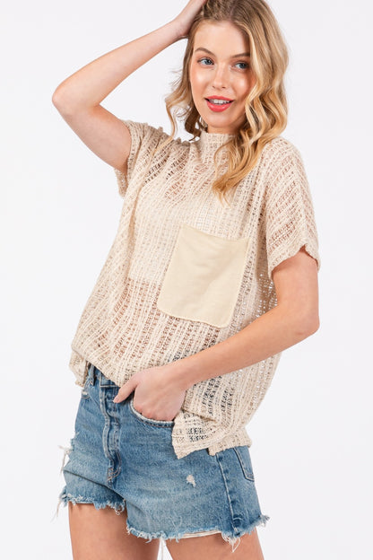 Femme See Through Crochet Mock Neck Cover Up