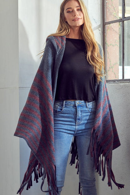 STRIPE PATTERN HOODED PONCHO