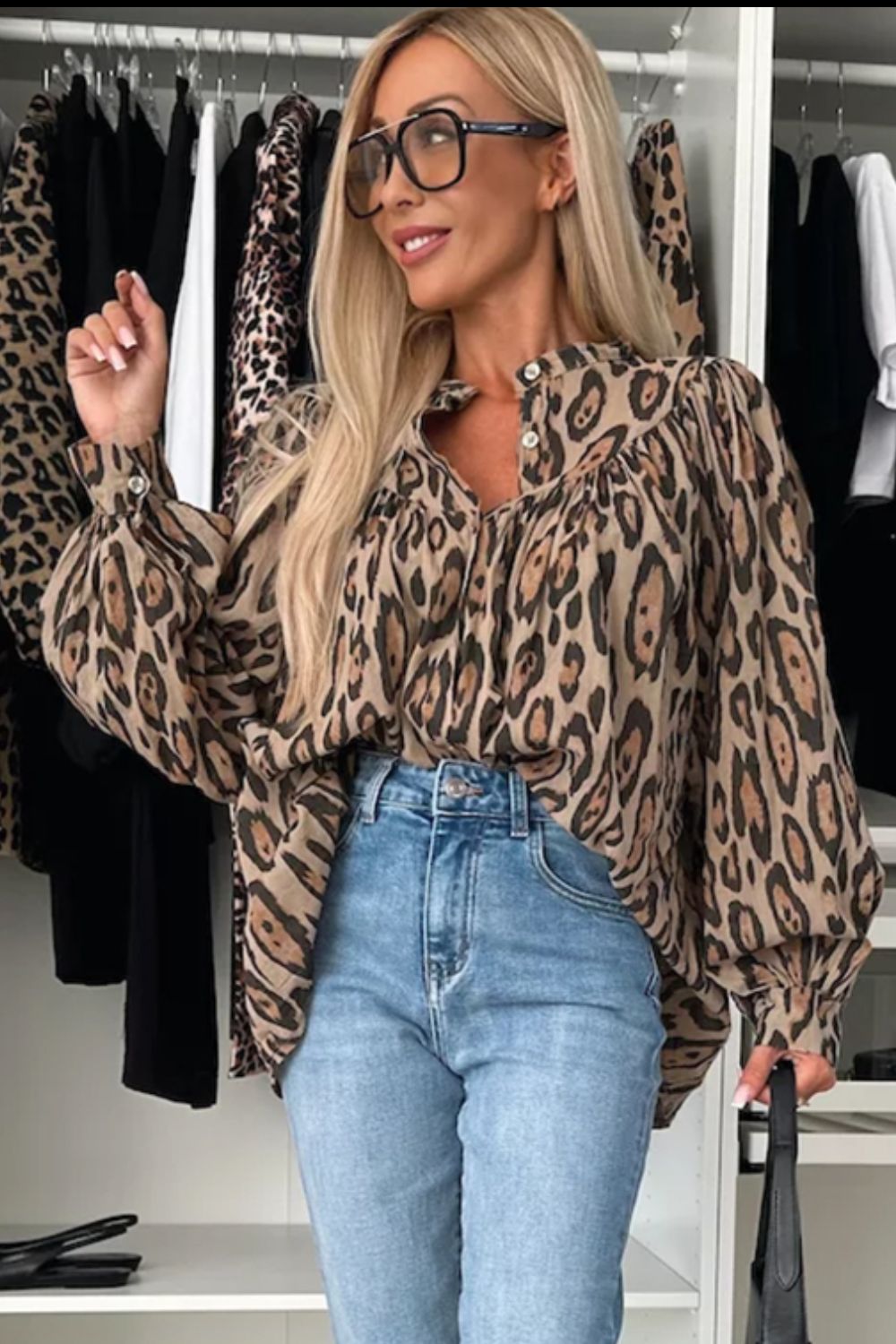 Leopard Notched Long Sleeve Blouse