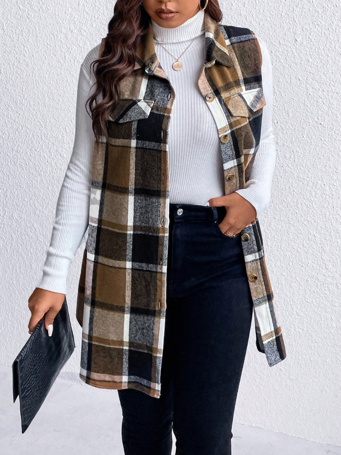 Plus Size Pocketed Plaid Button Up Vest Coat