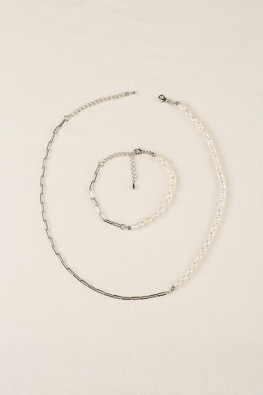 Natural pearl chain bracelet, necklace set - silver