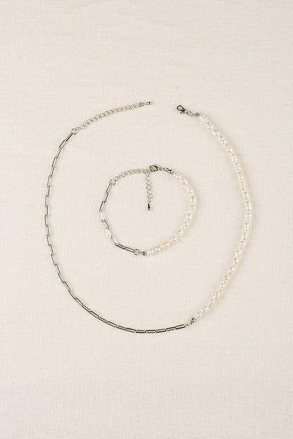 Natural pearl chain bracelet, necklace set - silver