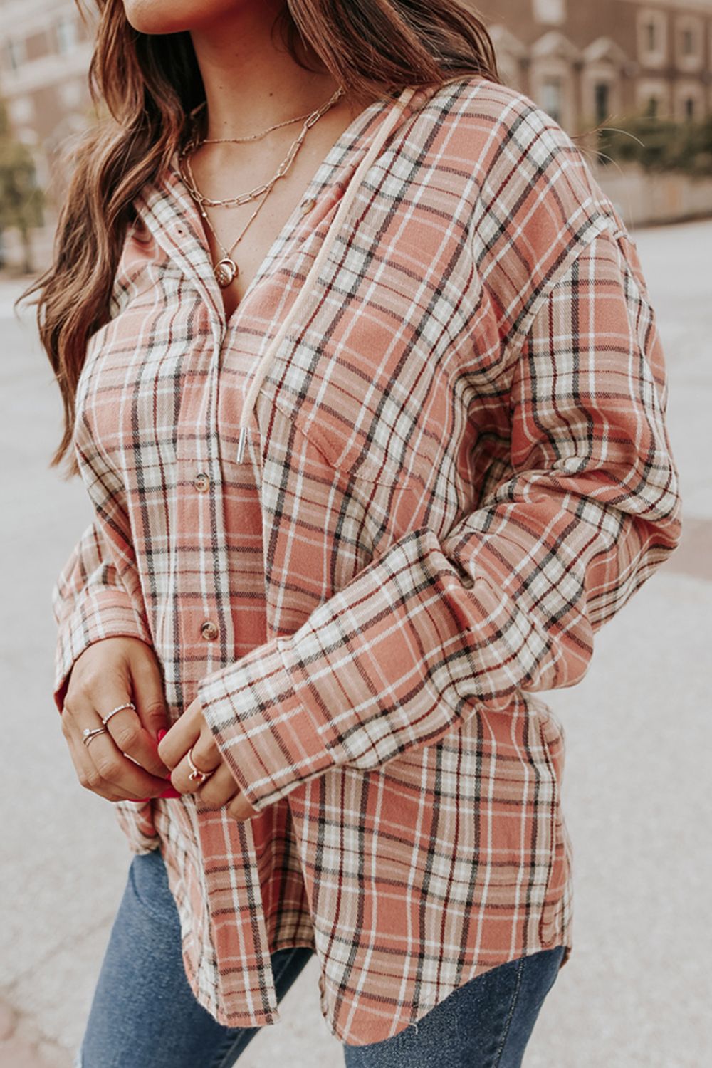 Drawstring Plaid Hooded Long Sleeve Shirt