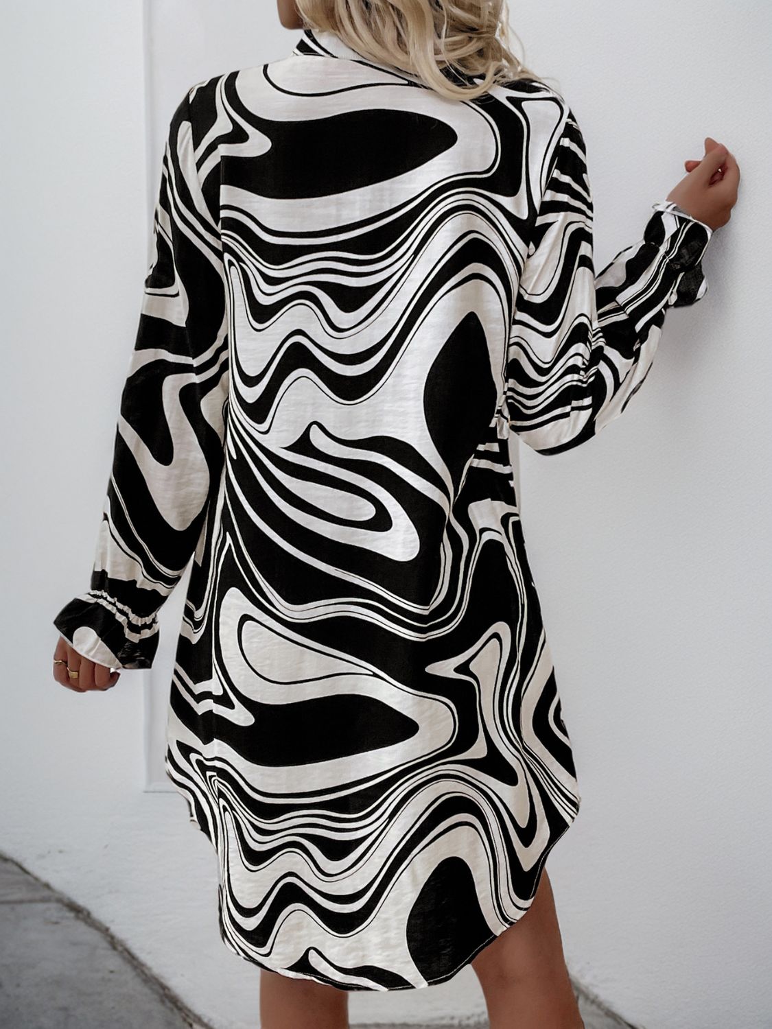 Ruffled Printed V-Neck Long Sleeve Dress