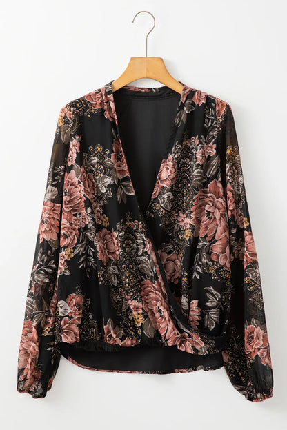 Printed Surplice Long Sleeve Blouse