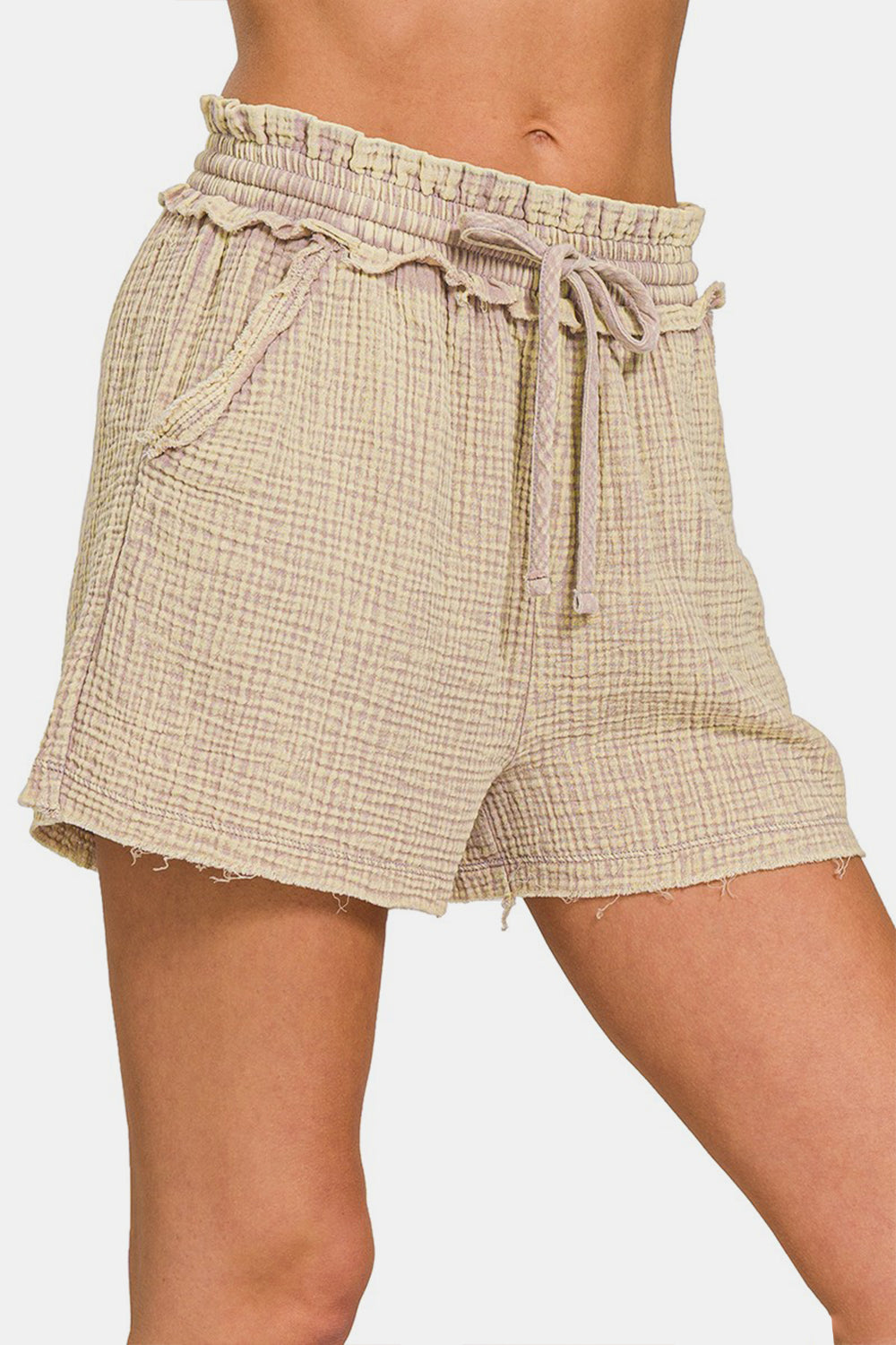 Washed Frayed Hem Drawstring Shorts