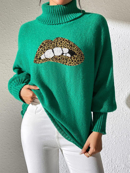 Lip Turtleneck Long Sleeve Sweater