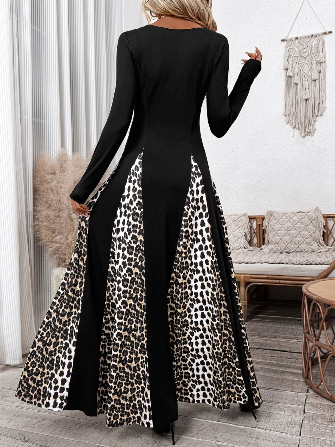 Leopard Square Neck Long Sleeve Maxi Dress