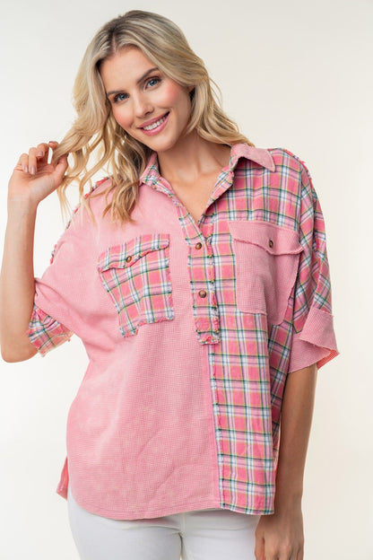 Plaid Color Block Half Button Top