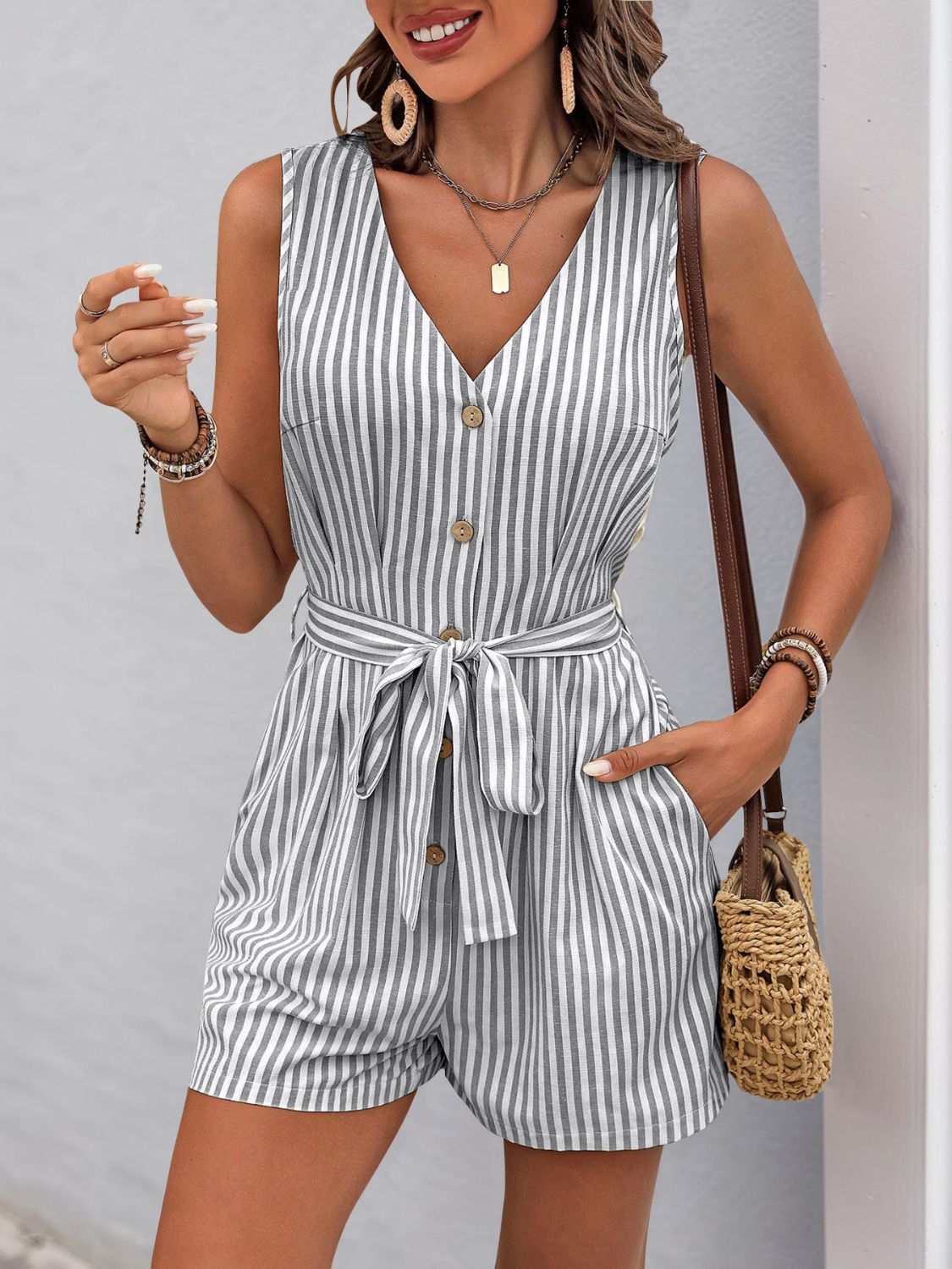 Striped V-Neck Tie Waist Romper