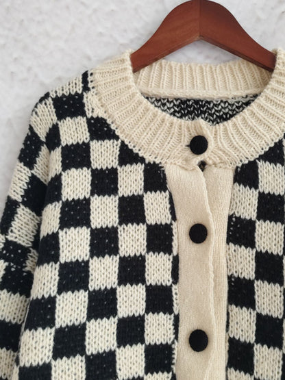 Checkered Button Up Round Neck Cardigan