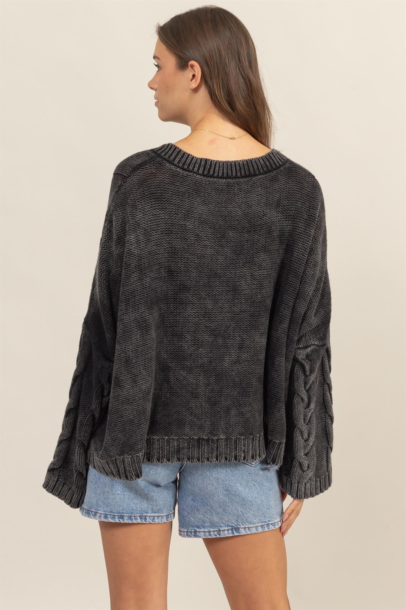 Cable Knit V-Neck Dropped Shoulder Oversized Sweater