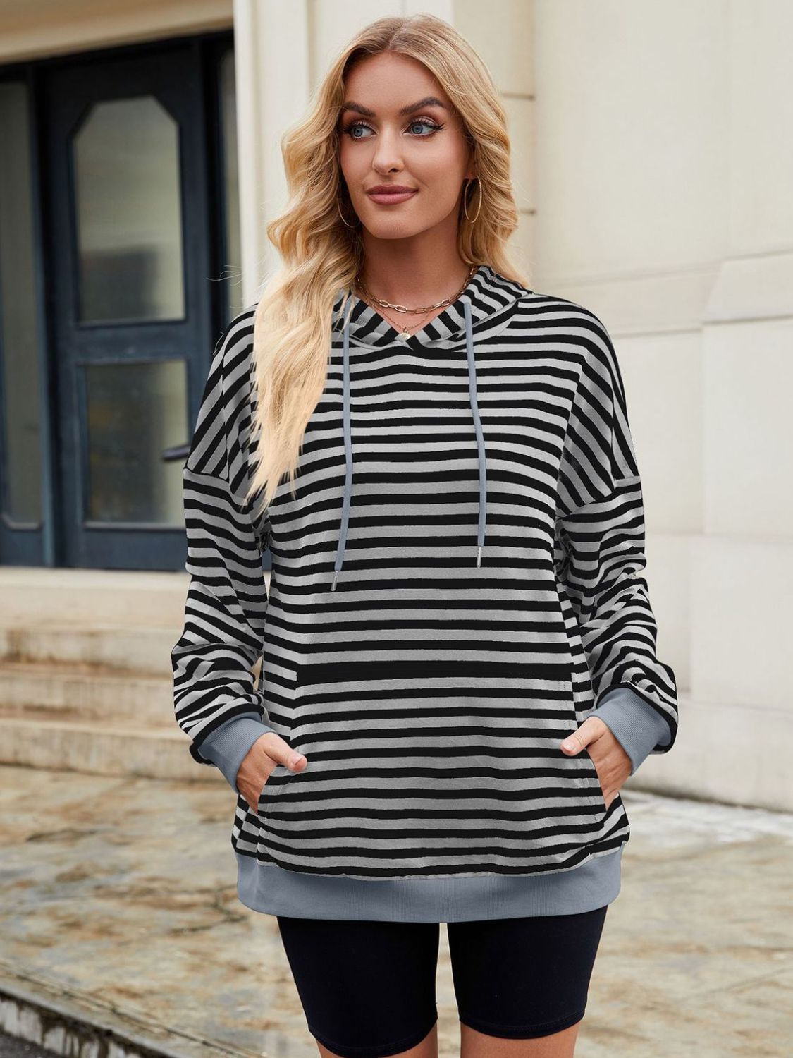 Drawstring Contrast Striped Long Sleeve Hoodie