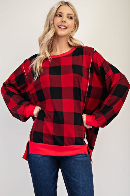 Celeste High-Low Plaid Round Neck Sweatshirt