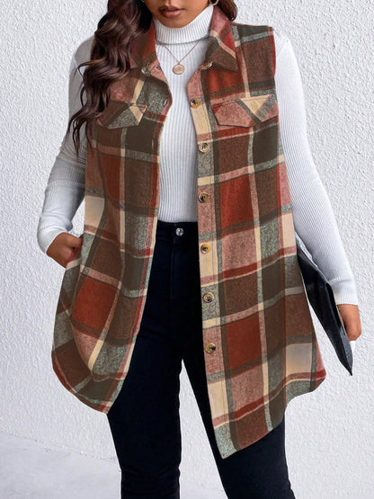 Plus Size Pocketed Plaid Button Up Vest Coat