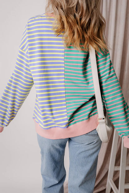 Contrast Stripes Round Neck Long Sleeve Sweatshirt