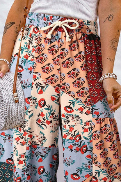 Drawstring Printed Wide Leg Pants