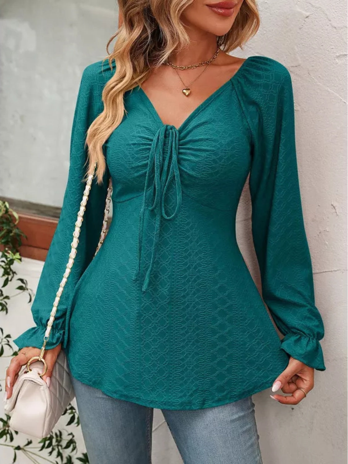 Drawstring Ruffled V-Neck Long Sleeve Blouse