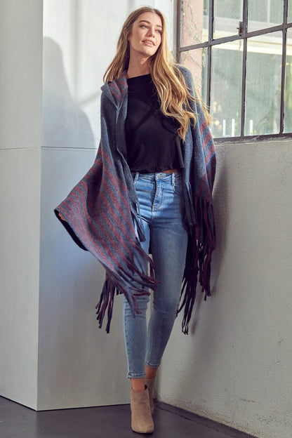 STRIPE PATTERN HOODED PONCHO