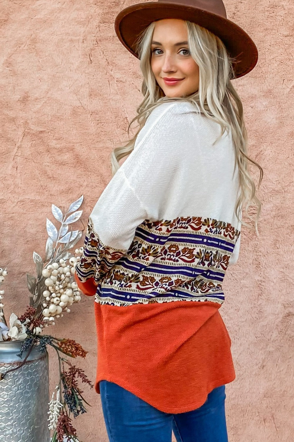 Ethnic Print Color Block Top