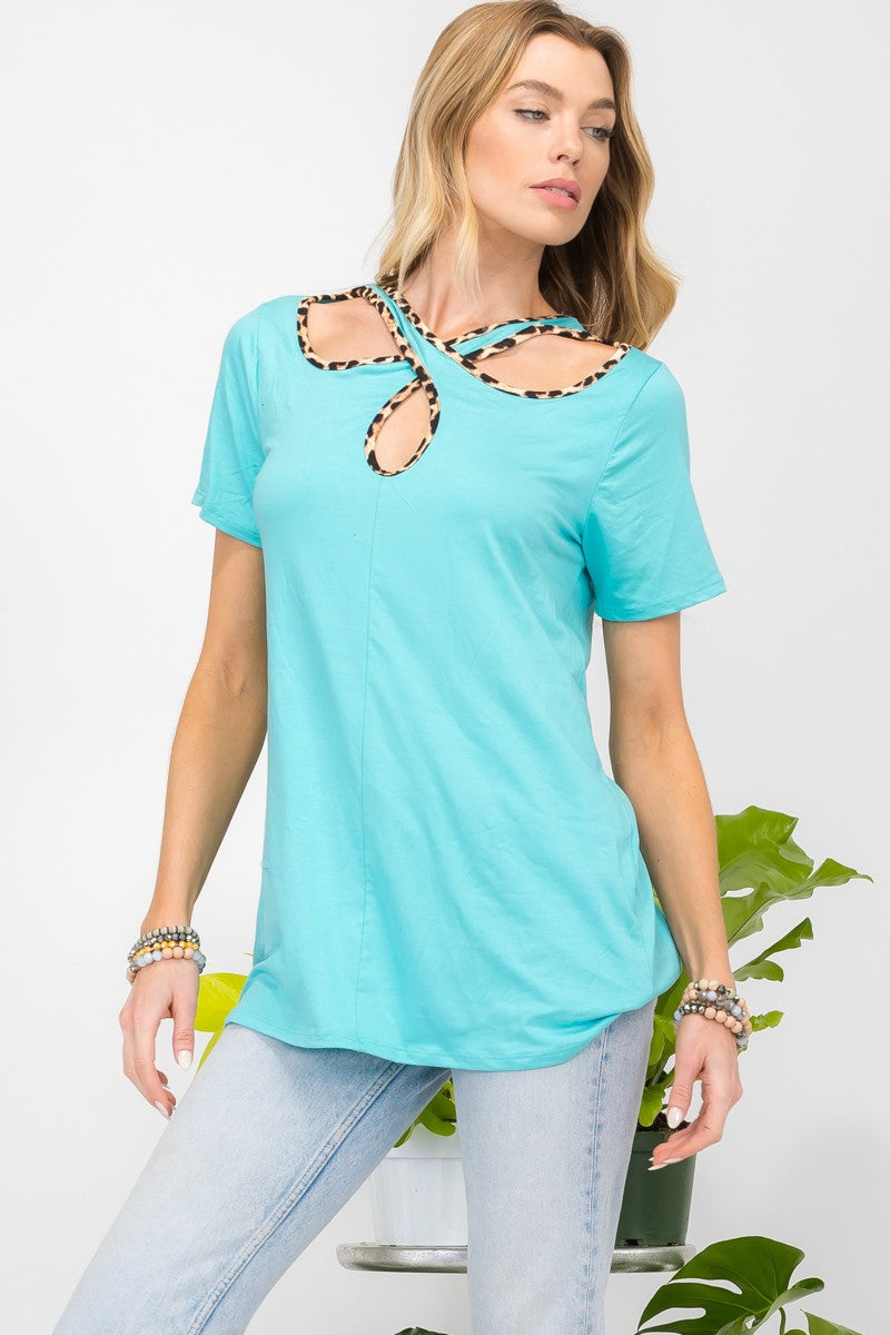 Crisscross Cutout Leopard Contrast Trim T-Shirt