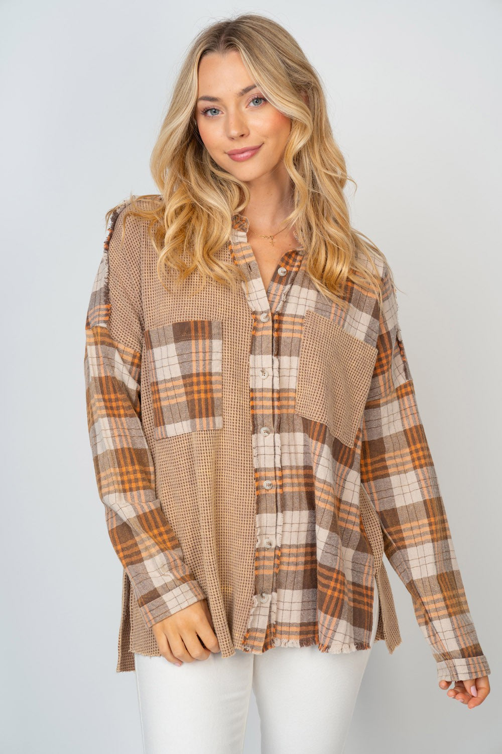 Contrast Plaid Button Down Shirt