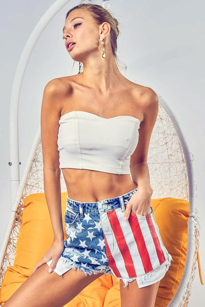 US Flag Theme Bleached Denim Shorts